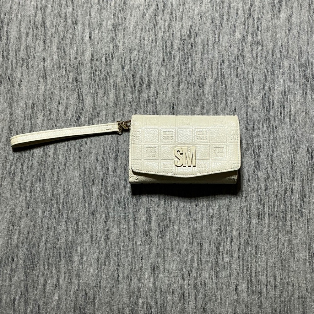 Steve Madden Cream Embossed Logo Trifold Wristlet Wallet Gold SM Logo